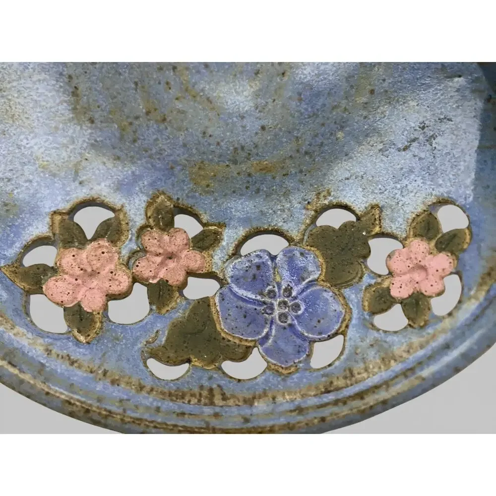 Kathy Veverka Handcrafted Pottery Heart Bowl Blue wPink Accents 8.25x7.5 Concave